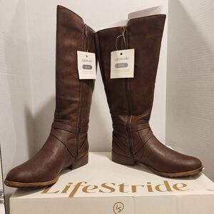 LifeStride Women's Wide Calf 10w Brown Boots Xtrovert Strappy Zip Riding